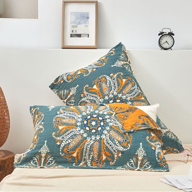 Ownkoti Dark Cyan Flower Pattern Pillow Towel (2PCS)