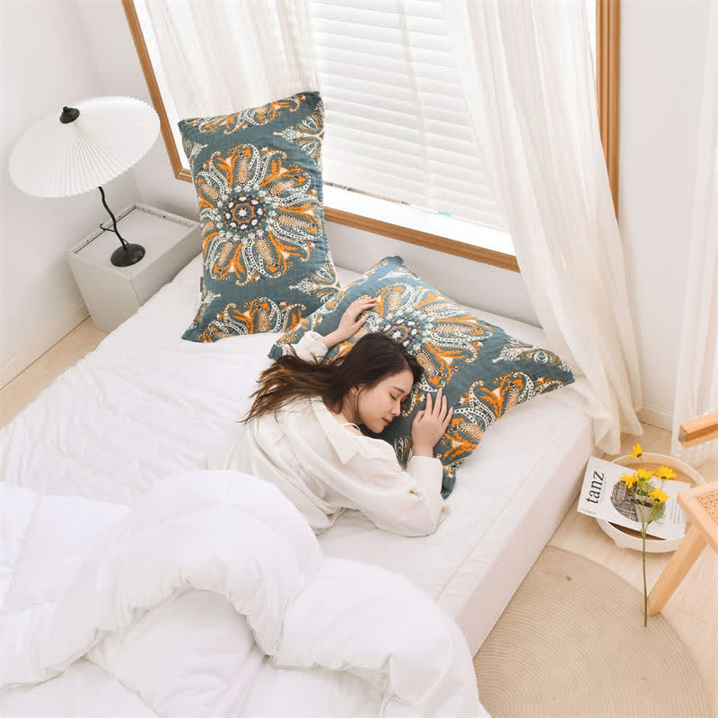 Ownkoti Dark Cyan Flower Pattern Pillow Towel (2PCS)