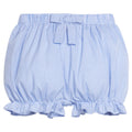 Little English traditional children's clothing.  Royal blue mini gingham bloomers for baby girls with fixed bow at the waistband and ruffles at the legs.