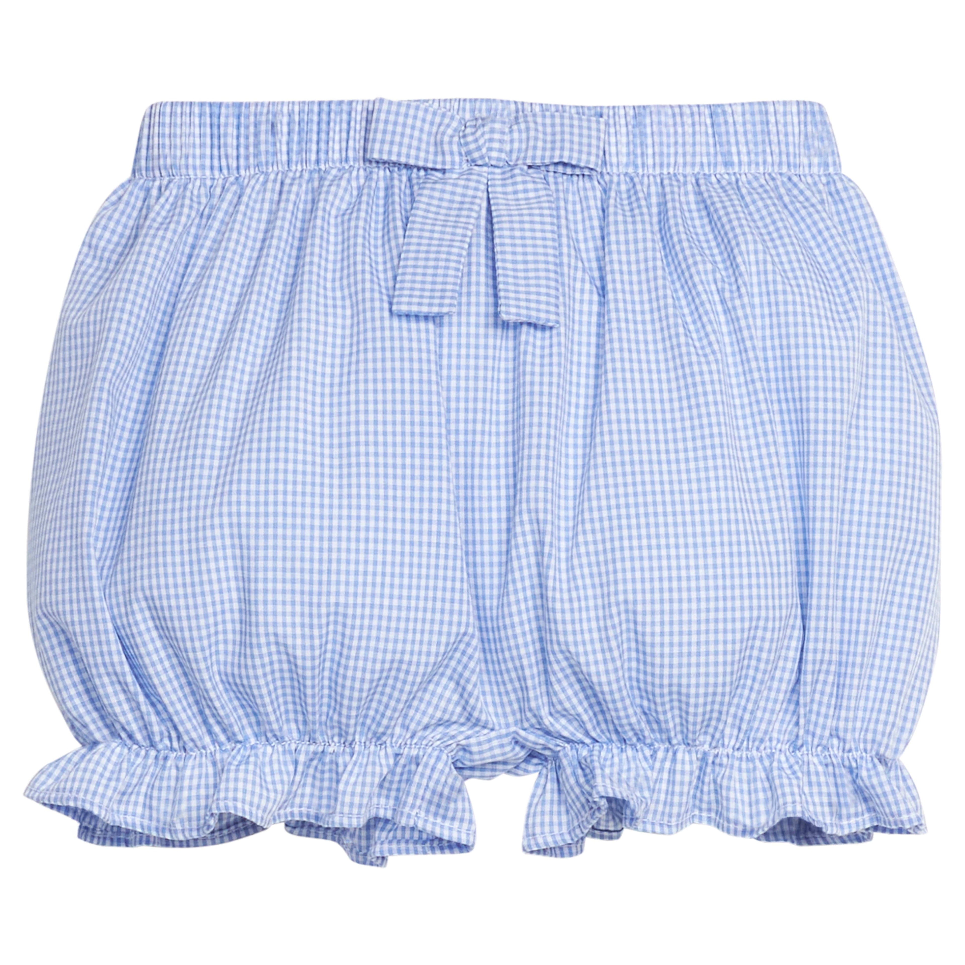 Little English traditional children's clothing.  Royal blue mini gingham bloomers for baby girls with fixed bow at the waistband and ruffles at the legs.