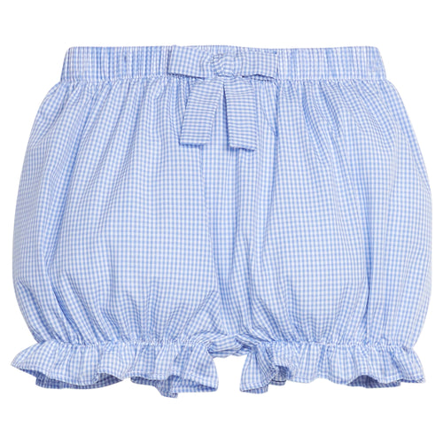 Little English traditional children's clothing.  Royal blue mini gingham bloomers for baby girls with fixed bow at the waistband and ruffles at the legs.