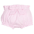Little English traditional children's clothing.  Light pink seersucker gingham diaper cover with fixed bow and ruffled legs for baby girls