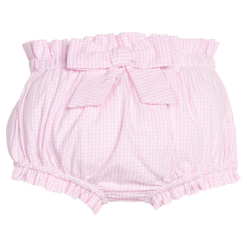 Little English traditional children's clothing.  Light pink seersucker gingham diaper cover with fixed bow and ruffled legs for baby girls
