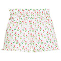 Little English traditional children's clothing.  Pink and red tulip short for girls with elastic waist, fixed bow, and ruffled hem