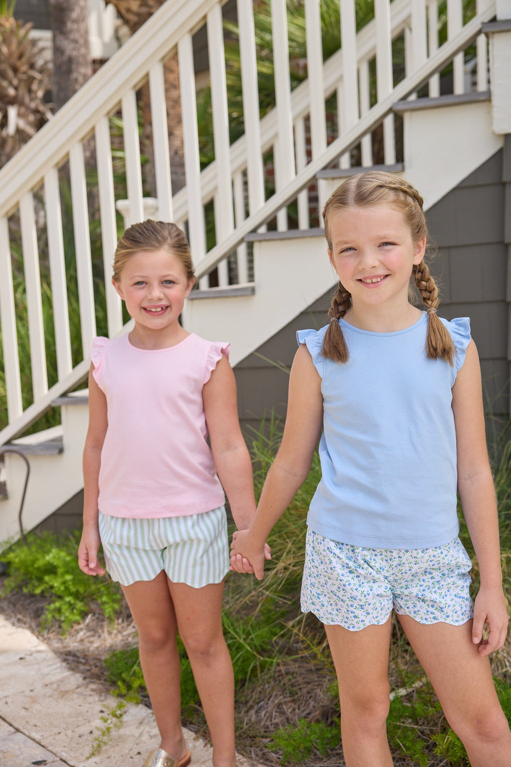 Little English classic tilly tanks in light blue and pink with flutter sleeves, scallop shorts in green meriwether stripe and mayfair floral, for little girls