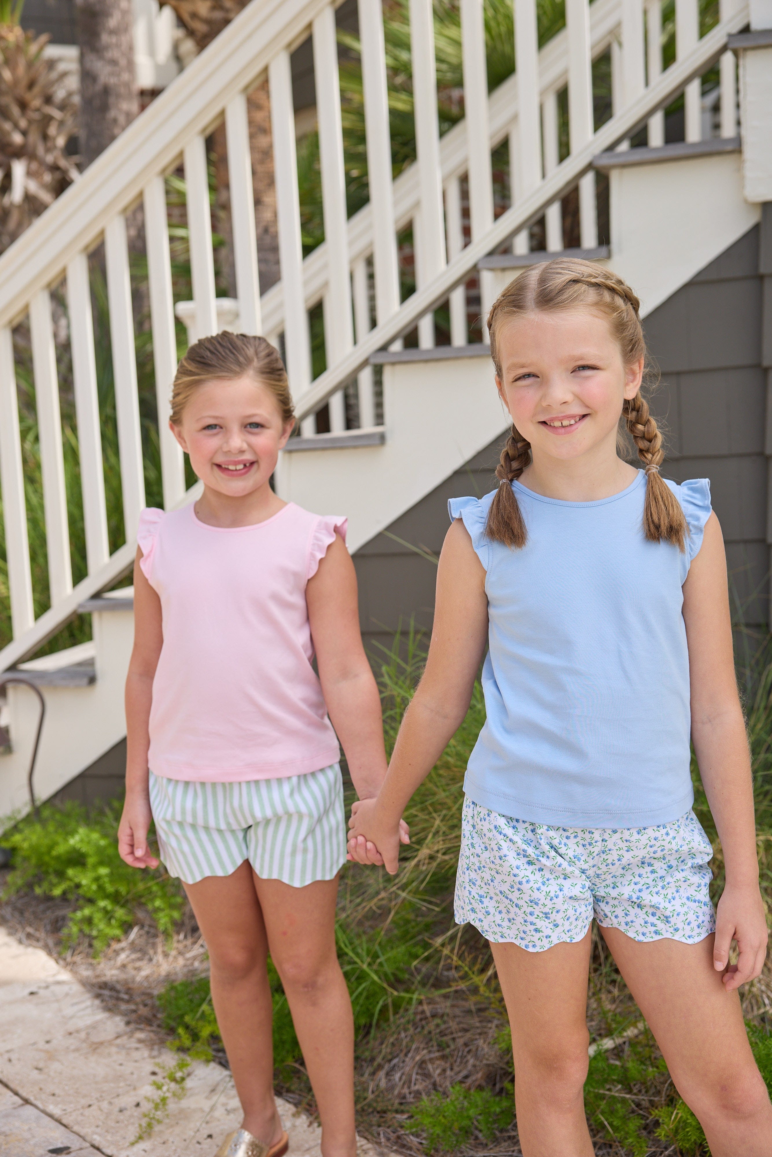 Little English classic tilly tanks in light blue and pink with flutter sleeves, scallop shorts in green meriwether stripe and mayfair floral, for little girls