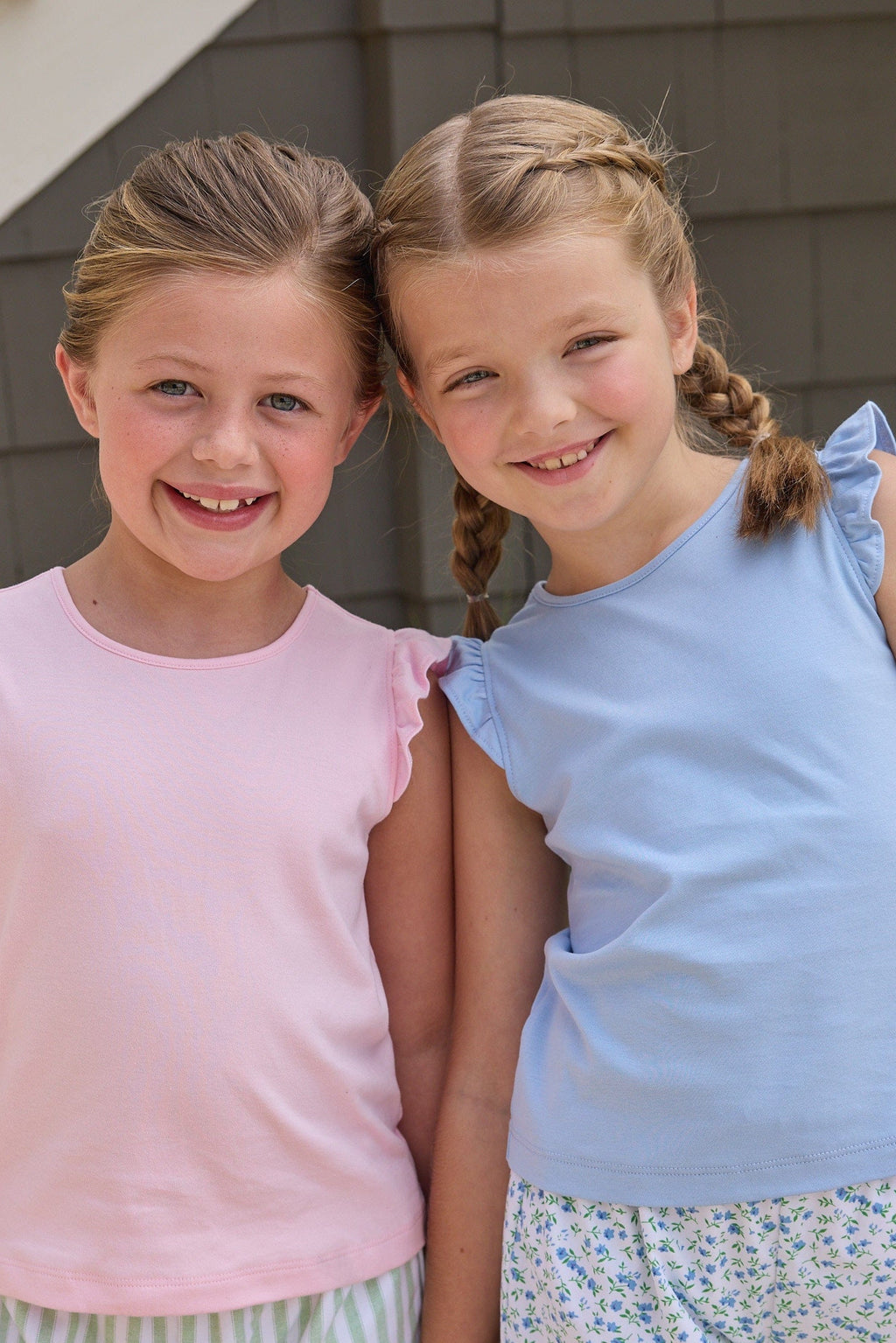 Little English classic tilly tanks in light blue and pink with flutter sleeves, scallop shorts in green meriwether stripe and mayfair floral, for little girls