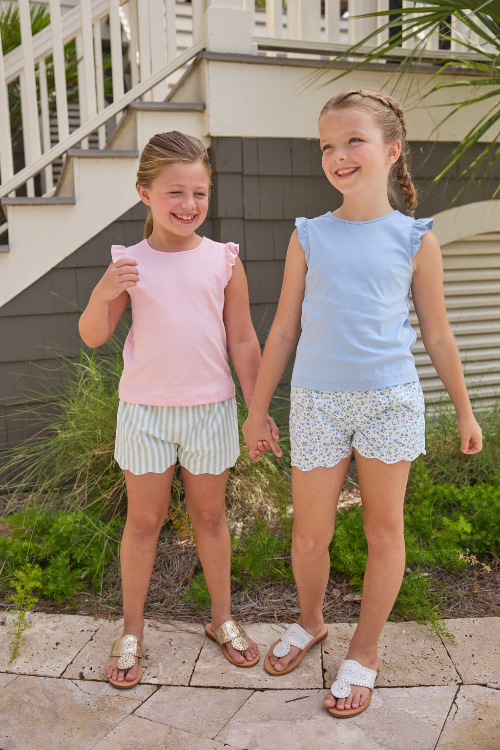 Little English classic tilly tanks in light blue and pink with flutter sleeves, scallop shorts in green meriwether stripe and mayfair floral, for little girls