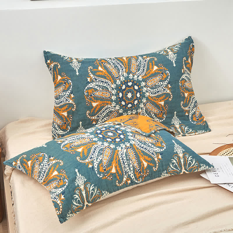 Ownkoti Dark Cyan Flower Pattern Pillow Towel (2PCS)